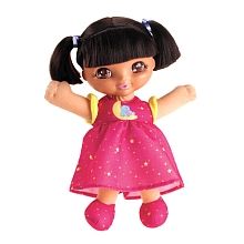 Sweet Dreams Dora. Her eyes open and close. She plays music or giggles when you push her belly. Oh! And you can brush her hair!