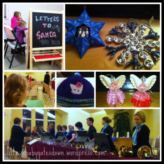 Top row: Girls writing letters to Santa at Capital Pop up and the tree decorations they chose last night at Ten Thousand Villages. Middle Row: My eldest waiting for the Hand Bell Concert to begin last night; hat and angel decorations purchased at the Canterbury show last weekend. Bottom row: Hand Bell show ready to begin.