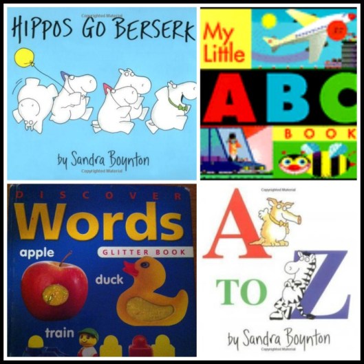 Photo credits: Boynton A to Z: http://www.pinterest.com/pin/474707616946988566/; Hippos: http://www.amazon.co.uk/Hippos-Go-Berserk-Sandra-Boynton/dp/0689834993#reader_0689834993; My Little A to Z: http://www.pinterest.com/pin/474707616946988604/ and Glitter Words is courtesy of my IPhone because I couldn't find it online.