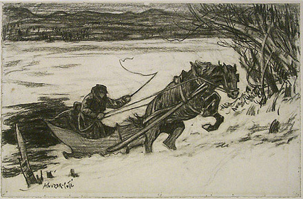 Suzor-Coté, Marc-Aurèle de Foy - En traîneau, sautant vers la rive. Illustration pour Maria Chapdelaine, de Louis Hémon - photo from here: http://www.mnbaq.org/